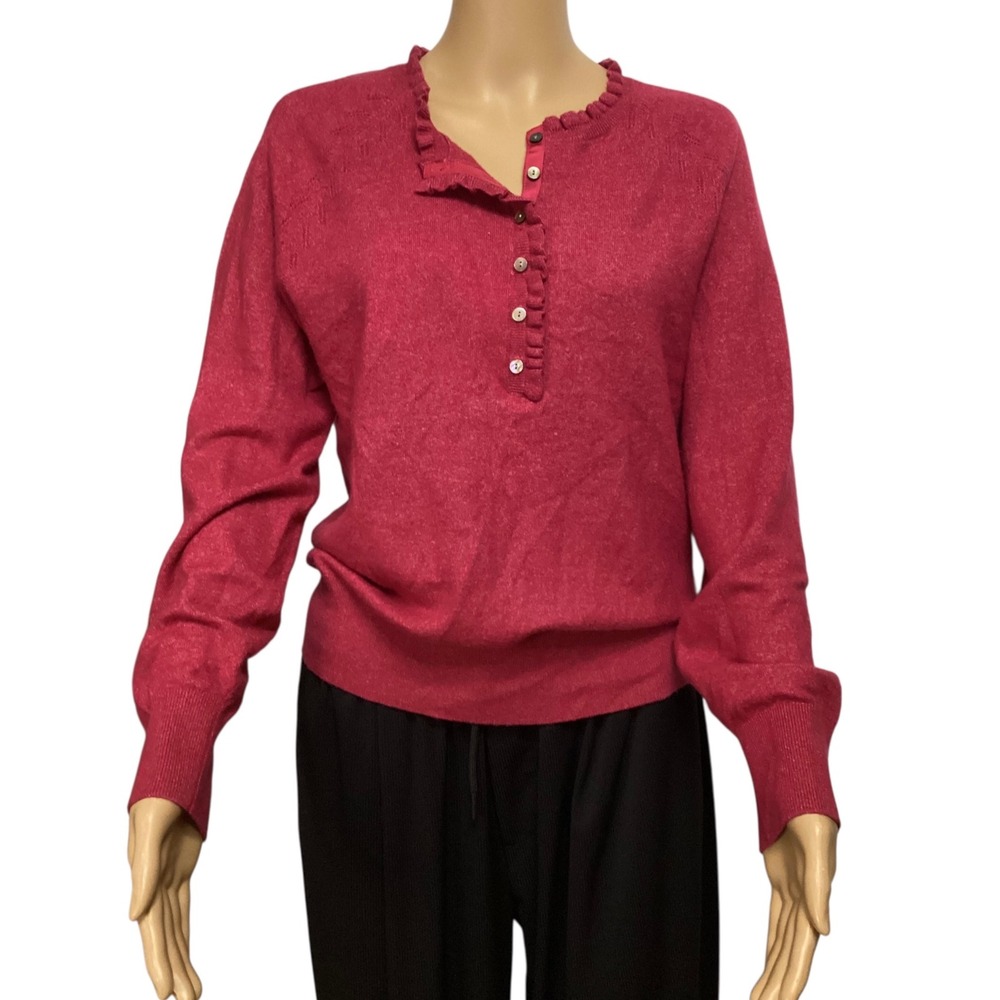 Sundance Womens Raspberry Pink Wool Blend Ruffle Henley Sweater Size M